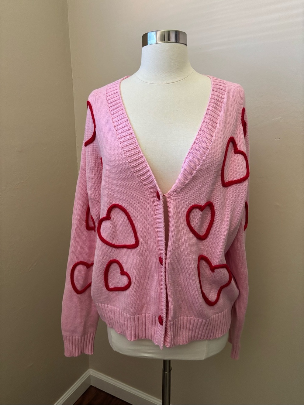 Pink Heart-Print V-Neck Cardigan